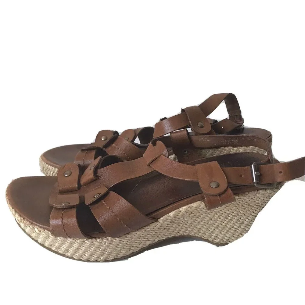 Adelia Brown Leather‎ Espadrille Wedge Sandals Studded Strappy Platform 8.5M